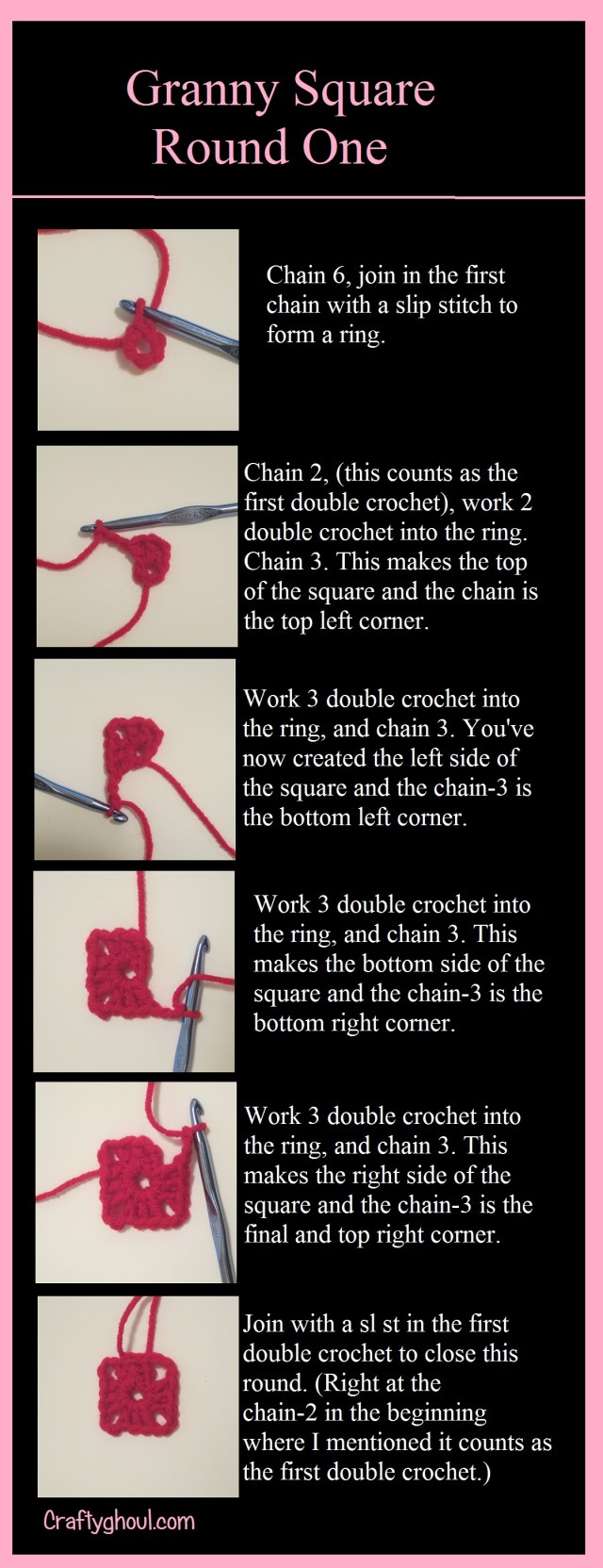 Granny Square Tutorial Round One pink background